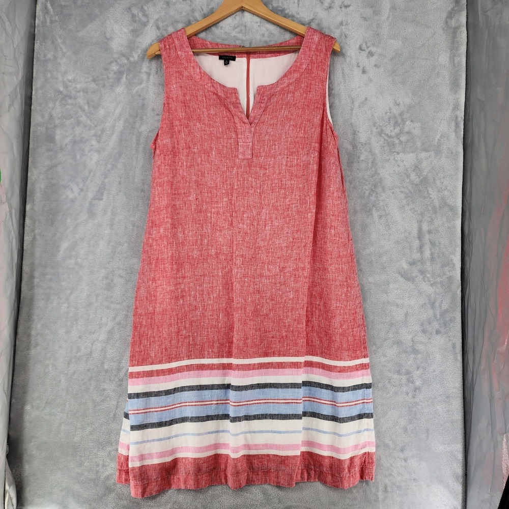 Talbots Linen Dress Womens Size 16 Seaside Striped Hem Lined Split Neck Zip Back